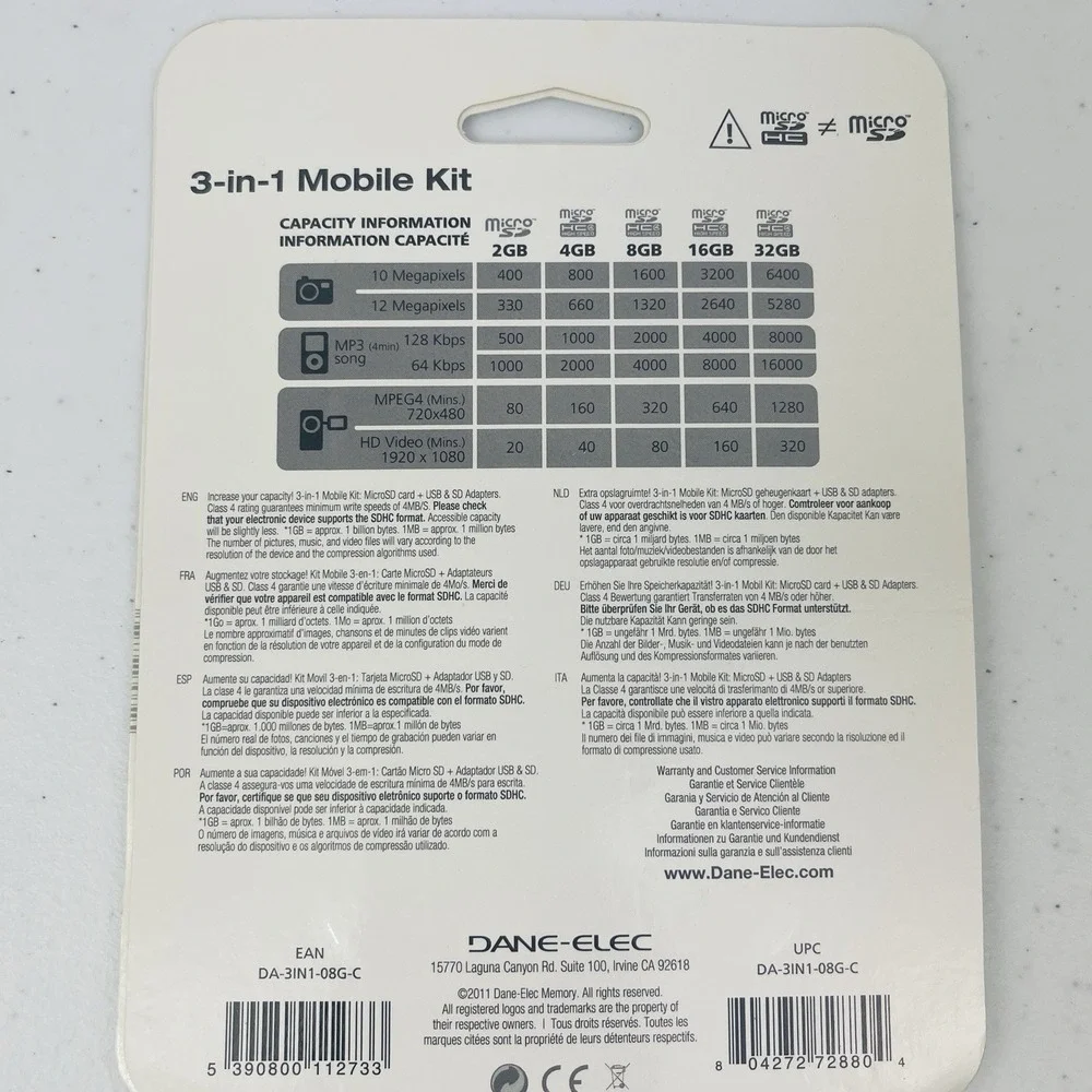 Dane Elec 3 in 1 Mobile Kit 8GB MicroSD Card USB SD Adapter Class 10